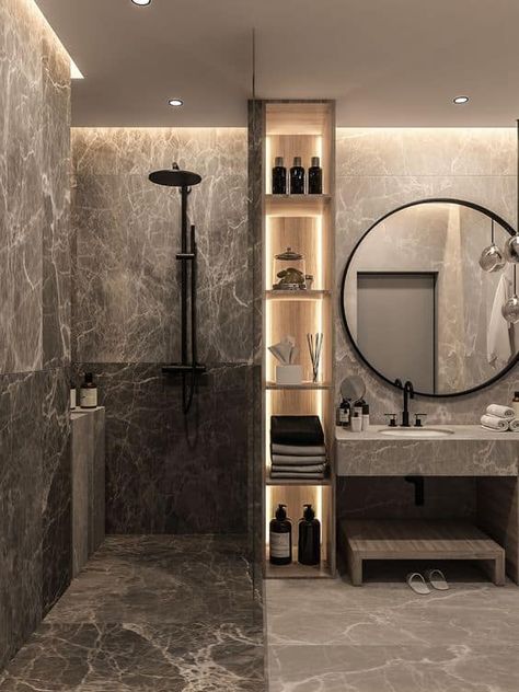 Modern Bathroom Design - Canadian Home Style Shelving Lights, Hotel Bathroom Design Luxury, Black Shower System, Modern Marble Bathroom, Hotel Bathroom Design, Shower Area, Modern Style Bathroom, Bathroom Retreat, Bathroom Inspiration Modern