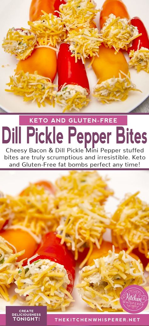 Cheesy Bacon & Dill Pickle Mini Pepper stuffed bites are truly scrumptious and irresistible. Keto and Gluten-Free fat bombs perfect any time!Keto Dill Pickle Pepper Bites, keto fat bombs, savory pickle bombs, cream cheese keto bites, dill pickle bites, dill pickle dip, bacon fat bombs Gluten Free Boat Snacks, Healthy Pickle Recipes, Pickle Cookies, Pickle Snacks, Pickles Peppers, Pickle Bites, Pickle Appetizer Recipes, Daycare Snacks, Keto Bites