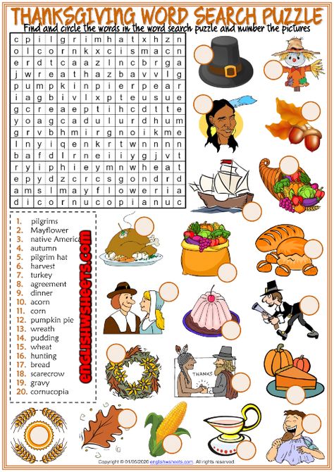 Thanksgiving Esl Activities, Thanksgiving Worksheets For Kids, Thanksgiving Word Search Free Printable, Fall Word Search For Kids, Free Thanksgiving Word Search, Thanksgiving Puzzles, Thanksgiving Crossword Puzzle, Vocabulary Games For Kids, Thanksgiving Word Puzzles