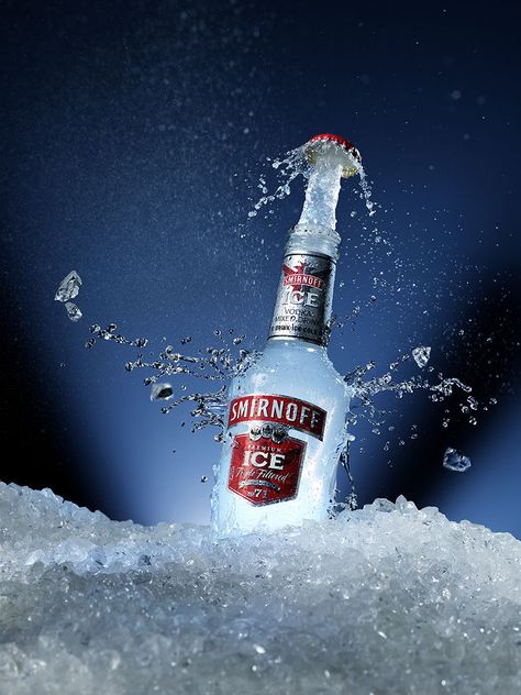 Smirnoff Ice Aesthetic, Alcohol Photography Bottle, Vodka Product Photography, Vodka Advertising, Whiskey On Ice, Absolut Vodka Ads, Liquid Photography, Alcohol Design, Bottle Photography