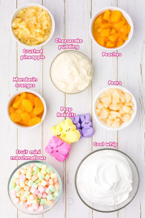 Easter Fruit Fluff Salad, Easter Fluff Recipe, Easter Cool Whip Salad, Easter Marshmallow Fluff, Easter Ambrosia Salad, Jello Salad Easter, Easter Ambrosia, Easter Fluff Salad Mini Marshmallows, Fruit Salad Fluff