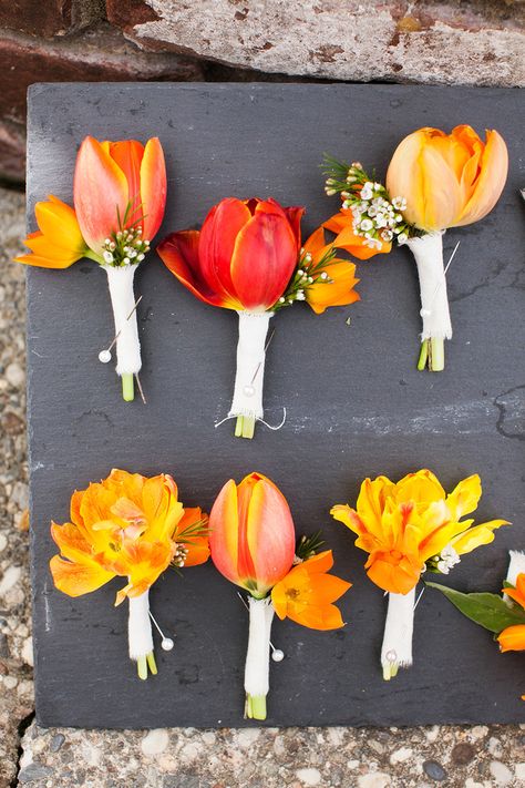 Photography: Adeline & Grace Photography - adelineandgrace.com Orange Tulip Bouquet Wedding, Tulip Boutonniere, Wedding Tulips, Lemon Centerpieces, Early Spring Wedding, Tulip Wedding, Orange Wedding Flowers, Citrus Wedding, Wedding Flower Packages