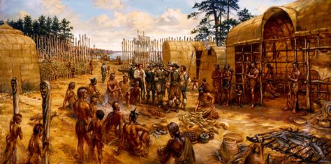 Indians and colonists lived in Jamestown. Jamestown Colony, History Website, King Painting, Virginia History, American Frontier, American Colonies, Virtual Field Trips, Colonial America, British Military