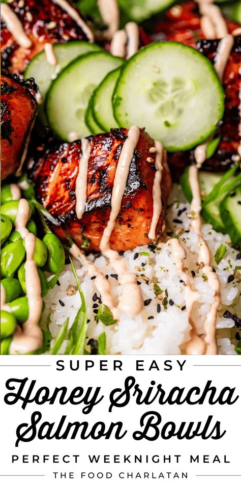 Crispy Sriracha Salmon Bowls, Spicy Honey Balsamic Salmon Bowls, Maple Sriracha Salmon, Sticky Salmon Rice Bowls, Salmon Rice Edamame Bowl, Salmon And Edamame Recipes, Honey Sriracha Salmon Bowl, Salmon Bowl Marinade, Siracha Salmon Rice Bowl