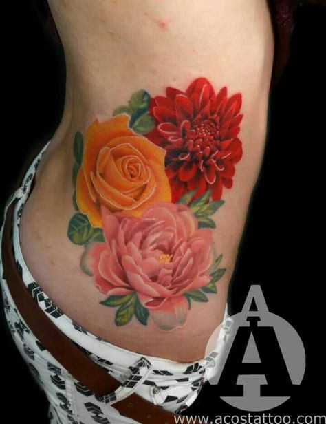 Lovely 3 flower realism tattoo women's ladies side piece - pink peony, yellow rose - by the amazingly talented Andres Acosta / Acostattoo, based in Houston, TX. Carnation Flower Tattoo, Marigold Tattoo, Carnation Tattoo, Forearm Flower Tattoo, Birth Flower Tattoos, Floral Tattoo Design, Flower Tattoo Designs, Rose Tattoos, Love Tattoos