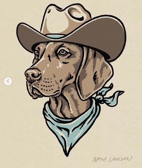 Dog With Cowboy Hat Tattoo, Cowboy Dog Drawing, Cowboy Dog Tattoo, Dog Wearing Cowboy Hat, Country Drawings, Cowboy Hat Drawing, Sam Larson, Cowboy Hat Tattoo, Cowboy Tattoo