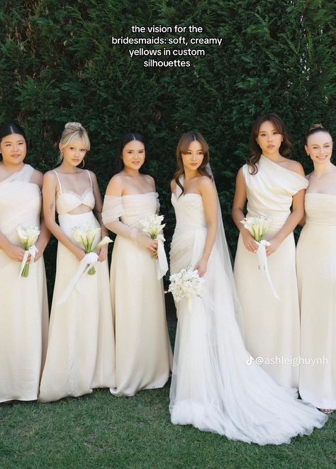 Almond Bridesmaid Dresses, Cream Bridesmaid Dresses Ivory, Ashleigh Huynh Wedding, Outdoor Wedding Bridesmaid Dresses, Off White Bridesmaid Dresses, Neutral Bridesmaids Dresses, White Bridesmaid Dress, Cream Bridesmaids, Cream Bridesmaid Dresses