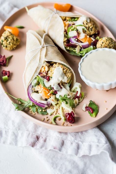 Gluten-Free Quinoa Falafel Tangerine Crunch Wraps | Healthy Little Vittles Ricotta Healthy, Quinoa Falafel, Low Carb Vegan Breakfast, Healthy Food Photography, Pink Plate, Gluten Free Wraps, Crunch Wrap, Vegan Wraps, Healthy Wraps