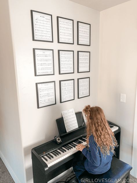 Simple and personalized wall art above the piano. Framed sheet music in dollar store frames that add a personal touch. Music Room In House Ideas, Decorating With A Piano, Pictures Above Piano, Above Piano Wall Decor, Easy House Projects, Piano Wall Decor, Framed Sheet Music, Sheet Music Decor, Piano Room Decor