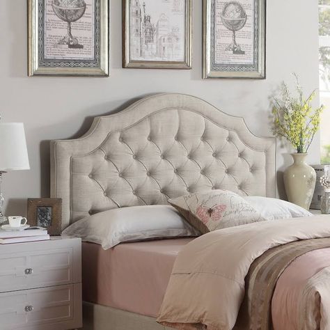 Tufted Upholstered Bed, Guest Bedroom Design, Queen Upholstered Bed, Beige Bed, Upholstered Panel Bed, Luxury Bed, Upholstered Panels, Bed Linens, Bedroom Headboard