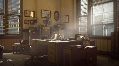 Benchmark detective office 2012 by Fudoshinart Police Department Office, Noir Detective, Detective Aesthetic, Detective Story, Vintage Office, Police Station, Environment Design, Cthulhu, Police Department