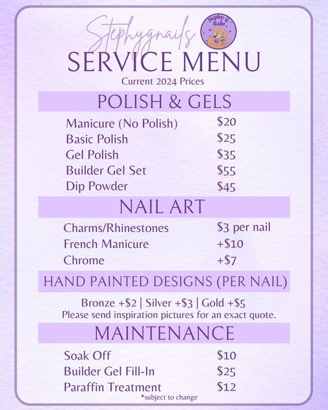 UPDATED Current Pricing! (AS OF MAY 2024) Your new home for nails 💜✨ DM to book! 💌 Consultations through dm can result in a price estimate for your chosen service as well💜 (included great customized music vibes/therapy session/girl chat and of course the COOLEST nails that every one will want to stop and stare) . . . #stephygnails #Nails #nailart #naildesigns #nailtrends #nailinspiration #nailinspo #nailideas #naturalnails #simplenailart #nailpolish #nailartist #nailsofinstagram #nailstagram ... Nails Home Service, Nail Pricing, Home Nail Salon Ideas, Coolest Nails, Island Nails, Hello Kitty Wallpaper Hd, G Nails, Home Nail Salon, Nail Prices