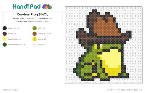 This delightful fuse bead pattern offers a whimsical take on a cowboy frog, complete with a rustic hat, ideal for adding a touch of quirky charm to your kandi creations. Frog Perler Bead Pattern, Kandi Creations, Perler Templates, Cowboy Frog, Perler Creations, Fuse Bead Patterns, Pony Bead Patterns, Beads Designs, Diy Perler Beads