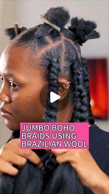 Juliana Amoateng on Instagram: "'Shaddouts' to @temiotedola for that delightful intro inspo 😁! This is a quick tutorial on jumbo boho braids using brazilian wool. This hairstyle is such a budget friendly one, and i think anyone can achieve it. I had 13 parts or sections overall. Please see product list below. Brazilian wool - 15 bundles @darlingghana DMAX Braiding extension - 1 pack Gel - @justlinhairwigtoolsgh Mousse - @kuurabeauty.inc Hot water Crochet pin Olive oil sheen spray Olive oil heat protectant #jumbohobraids #bohobraidstutorial #bohobraidstyle #temiotedola #julianaamoateng #beautycreator" Big Braids With Brazilian Wool, Brazilian Wool Box Braids, Brazilian Wool Hairstyles Twist, Braids With Brazilian Wool, Hairstyles Using Brazilian Wool, Brazilian Wool Hairstyles Braids, Jumbo Braids For Black Women, Brazilian Hairstyles, Water Crochet