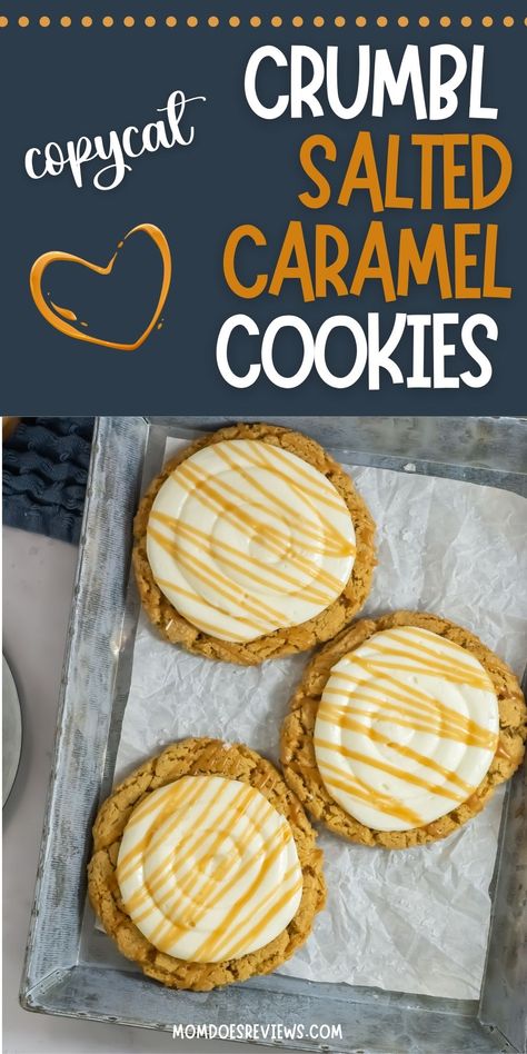 Copycat Crumbl Salted Caramel Cookies - Mom Does Reviews Crumbl Cookie Copycat Salted Caramel, Sea Salt Toffee Cookies Crumbl, Salted Caramel Cookies Crumbl, Carmel Apple Crumble Cookie Recipe, Crumble Cookie Copycat Recipe, Crumble Cookies Recipe, Crumbl Cookie Recipes, Crumbl Recipes, Copycat Crumbl Cookies