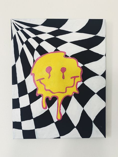 Melting smiley face panting #wallart #trippy #aesthetic Small Trippy Wall Art, Trippy Smiley Painting, Drippy Paintings Checkered, Cool Designs To Draw Pattern Trippy, Melting Smiley Face Painting, Drippy Smiley Face Painting, Face Drawing Ideas Easy, Trippy Aesthetic Drawings, Smiley Face Aesthetic Trippy