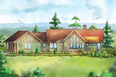 Corner windows, gabled glass, brackets and cedar shingle siding are just a few of the details that give this house plan its mountain charm and grace. With its quaint cottage detailing and bright open spaces it is a charming home perfect for a weekend getaway or an empty-nester's retreat. The angled entry provides just enough space to get out of the rain. Once inside you will enjoy the vaulted ceiling that extends through the living room to the porch. The living room is separated from the foyer a Green Siding House, Starter Home Plans, Cedar Shingle Siding, Angled Garage, Corner Windows, Cedar Shingle, Shingle Siding, Mountain Cottage, Quaint Cottage