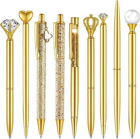 Amazon.com : 9 Pcs Ballpoint Pens Set Metal Crystal Diamond Pen Liquid Sand Glitter Pen for Journaling Black Ink Pretty Cute Pens Fancy Pens Gifts for Women Girls School Wedding Office Desk Supplies (Gold) : Office Products Black Gold Office, Gold Office Supplies, Stylish Pens, Fancy Pens, Crystal Pen, Pretty Pens, Diamond Pen, Gold Pen, Cute Stationary