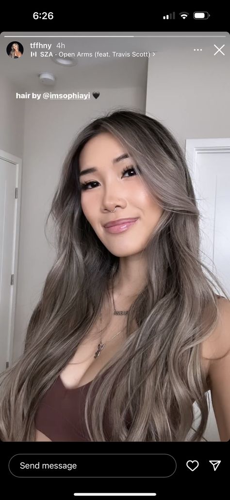 Light Mushroom Brown Hair, Smoky Ash Brown Hair, Ashy Hair Balayage, Dark Ash Hair, Greige Hair Color, Grey Hair Tan Skin, Karina Hair, Brown Hair Pale Skin, Pale Skin Color