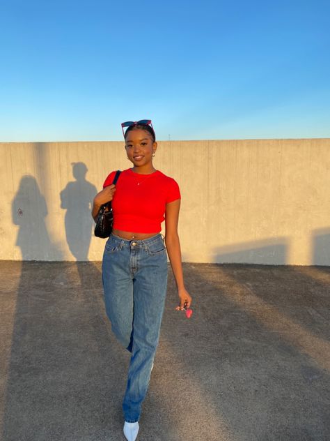 #valentines #red #croptopoutfit Valentine Jeans Outfit, Red Shirt And Jeans Outfit Casual, Red Crop Top Outfit Jeans, Red Top Jeans Outfit, Red Shirt Blue Jeans Outfit, Red Spring Outfit, Red Shirt And Jeans Outfit, Red Top Blue Jeans Outfit, Red Tshirt Outfit Women