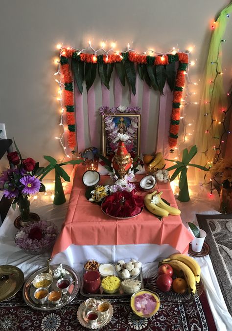 Varalakshmi vratham 2017 Pooja Background Decoration, Pooja Setup, Background Decoration Ideas, Pooja Background, Tulsi Pooja, Krishna Decoration, Gauri Decoration, Eco Friendly Ganpati Decoration, Laxmi Pooja