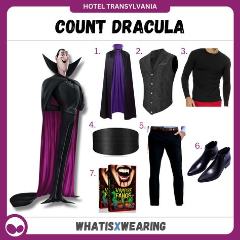 Discover how to make a Count Dracula cosplay from Hotel Transylvania with our dedicated costume guide for men! Hotel Transylvania Cosplay, Dracula Cosplay, Transylvania Dracula, Hotel Transylvania Costume, Dracula Costume, Purple Cape, Costume Guide, Video Game Collection, Black Waistcoat