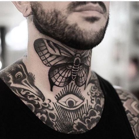 A blackwork butterfly tattoo on the neck by Jonas Ribeiro Butterfly Tattoo On Neck Men, Neck Tattoo Butterfly Men, Butterfly Throat Tattoo Men, Old School Throat Tattoo, Throat Tattoo Butterfly, Butterfly Front Neck Tattoo, Butterfly Neck Tattoo Men, Butterfly Throat Tattoo, Neck Tattoo Butterfly