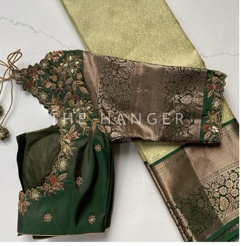 Maggam Work On Border Blouse, Full Blouse Work Designs, Kanchipuram Blouse Designs, Green Pattu Sarees Weddings, Soft Silk Saree Blouse Designs Latest, Blouse Designs With Border, Green Maggam Work Blouses Design, Blouse Embroidery Designs Silk, Pattu Blouse Designs Latest Without Work