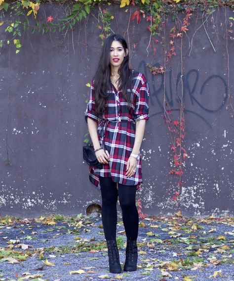 The Little Plaid Shirt Dress - The Style Contour Shirt Dress With Leggings, Shirt Dress Outfit Ideas, How To Wear A Plaid Shirt, How To Wear Timberlands, Boot Outfit Ideas, Dress Your Body Type, T Shirt Dress Outfit, Dress With Leggings, Timberland Boot