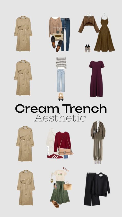 Outfit with cream trench for fall #fall #trench #trenchcoat #outfit #creamaesthetic #fashion #fashioninspo #fashionboard Cream Aesthetic, Joggers Outfit, Style Board, Trench Coat, Cream, Fashion Inspo