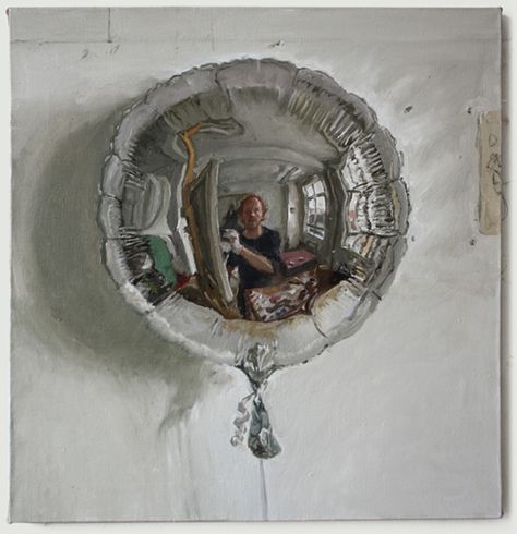 Self-portrait in a small silver balloon - James Lloyd Painting Of Reflection, Reflective Surfaces Art, Reflective Self Portraits, Reflection Art Igcse, Reflections In Art, Reflection Gcse Art, Reflection Art Drawings, Paint Self Portrait, Reflective Painting