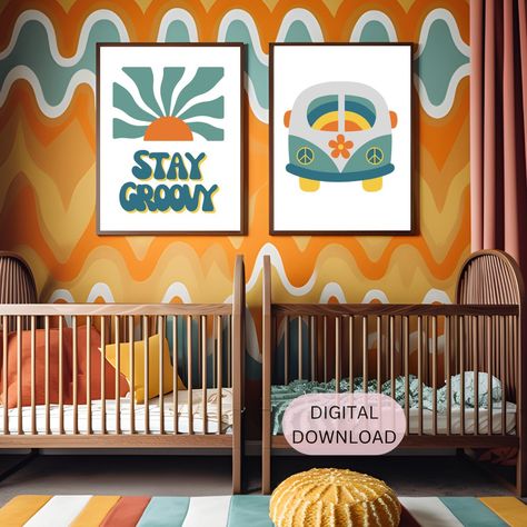 70s Themed Nursery, Retro Boy Nursery, Volkswagen Nursery, Vw Bus Nursery, Retro Nursery, Vw Bus Themed Nursery, Boho Boy Nursery With Vw Wall Art, 70s Nursery Artwork, Hippie Nursery