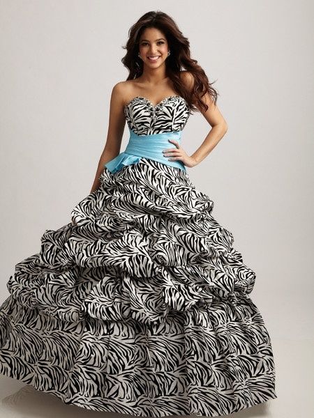 Love this zebra wedding dress   #wedding Zebra Prom Dress, Zebra Wedding, 15 Birthday Dresses, Masquerade Ball Dresses, Blue Zebra Print, Masquerade Ball Gowns, Printed Bridesmaid Dresses, Prom Dress 2012, Feather Prom Dress