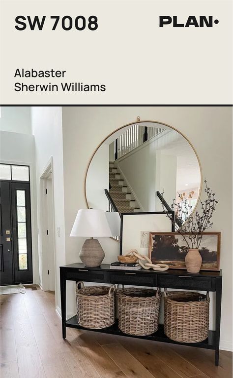 Sherwin Williams Alabaster SW 7008 used on wall of home interior with mirror Alabaster Paint Color, Alabaster Living Room Walls, Alabaster Paint, Kitchen Wall Covering, Sherwin Williams Alabaster, Palette Wall, Entry Decor, House Color Palettes, Black Living Room