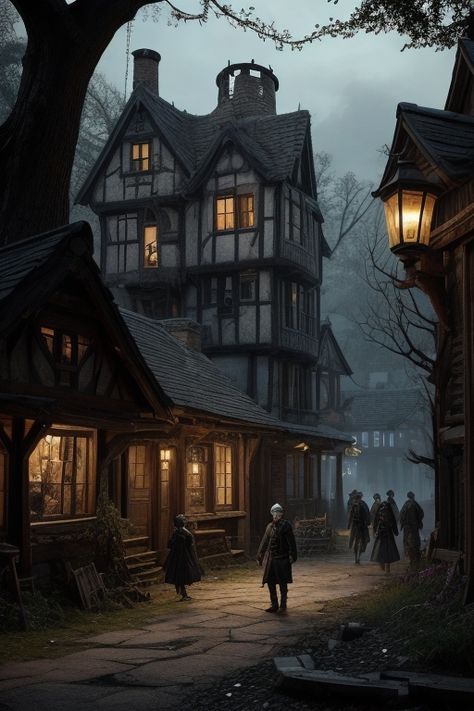 Once-Thriving Colony of Eldritch Haven: "Generate an image of the once-thriving colony known as Eldritch Haven. man standing in shadows. The village should have a rustic charm, with cobblestone paths, timbered houses, and warm lantern light spilling from windows. Show the villagers going about their daily lives, hinting at the vibrancy that once existed." Dark image Gothic Village Art, Victorian City Concept Art, Victorian Village Aesthetic, Dark Village Aesthetic, Fantasy Village Aesthetic, 1800s Village, Vampire Village, Dark Fantasy Village, Village Rpg