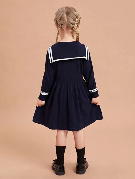 SHEIN Toddler Girls Sailor Collar Striped Pattern Sweater Dress | SHEIN USA Girls Sailor Dress, Girls Sweater Dress, Girls Sweater, Sailor Dress, Sailor Collar, Sweater Dresses, Pattern Sweater, Toddler Girl Dresses, Shein Style