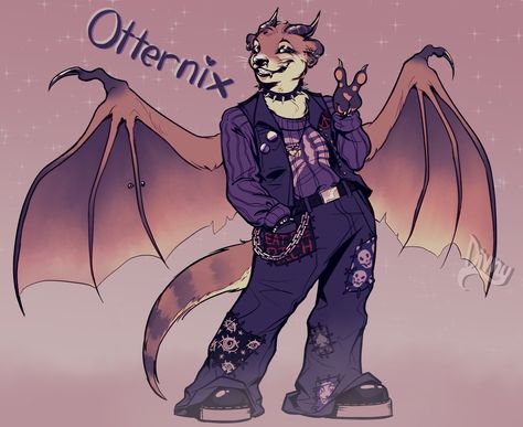 Punk otter fursona otternix otter otters 0tt3rn1x fursona purple sweater skull sweater patch pants fursona with piercings Otter Fursona Art, Punk Fursona, Trans Fursona, Otter Anthro, Otter Fursona, Giant River Otter, Kokanee Salmon, Patch Pants, Animal Crossing Funny