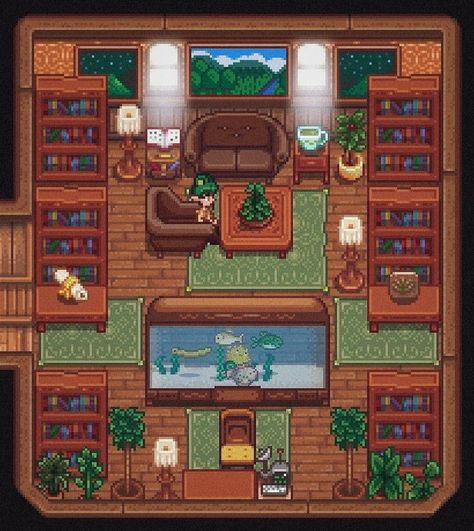 Stardew Valley Farmhouse, Stardew Farms, Library Study Room, Stardew Valley Layout, Stardew Valley Tips, Stardew Valley Farms, Valley Game, Stardew Valley Fanart, Library Study