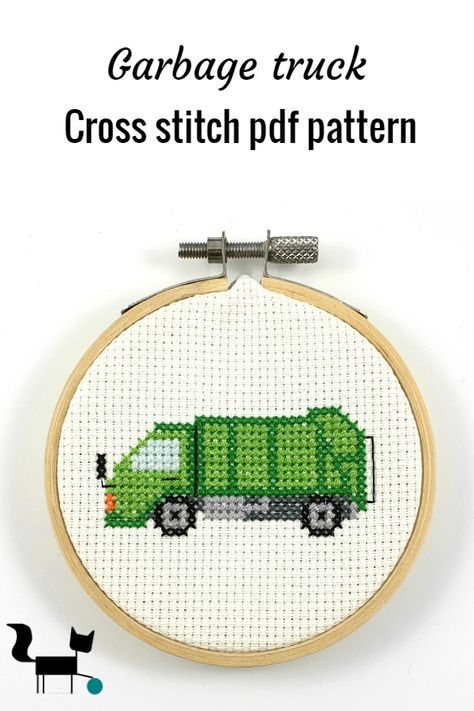 This cute green garbage truck is part of vehicle line I designed with boy room decor in mind. It is a great pattern for beginners. #crossstitchpattern #garbagetruck Garbage Truck Crochet Pattern, Garbage Truck Cross Stitch Pattern, Truck Cross Stitch, Tractor Cross Stitch Patterns Free, Truck Cross Stitch Pattern, Rubbish Truck, Xmas Stockings, Garbage Truck, Plastic Canvas Christmas