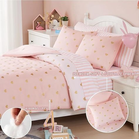 Amazon.com: Wink Deer Kids Pink Bedding Sets, 7 Piece Queen Comforter Set with Sheets, Gold Heart Shaped Pink Cute Bedding for Girls, Queen Bed in a Bag(Queen, 90" X 90") : Home & Kitchen Pink And Gold Bedding, Pink Bedding Sets, Bedding For Girls, Deer Bedding, Pink Bedding Set, Girl Bed, Cute Bedding, Bed In A Bag, Queen Comforter Sets