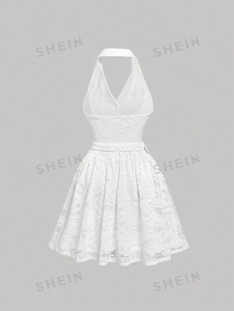 SHEIN MOD Summer Vintage Court-Style White Lace & Pearl Belted Halter Neck Backless Dress Graduation White Dress | SHEIN USA Halter White Dress, Halter V Neck Dress, Graduation White Dress, 8th Grade Graduation, White Halter Dress, Mod Vintage, Dress Graduation, Summer Vintage, Dress For Short Women