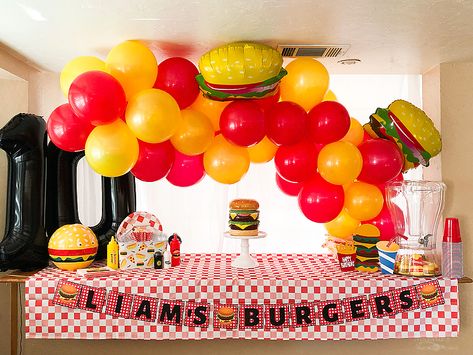 How to Throw a Simple Burger Themed Birthday Party Burger Birthday Party Ideas, Burger Theme Party, Hamburger Themed Birthday Party, In And Out Burger Birthday Party, Hamburger Party Decorations, Burger Bash Birthday, Good Burger Party Theme, Good Burger Birthday Party, Hamburger Birthday Party