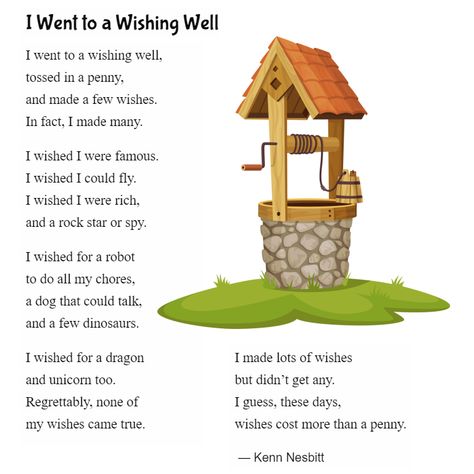 English Poem For Grade 2, Wishing Well Quotes, 20 Line Poems, English Poems For Children, English Recitation, Poem English, Wishing Well Poems, Funny Poems For Kids, List Poem