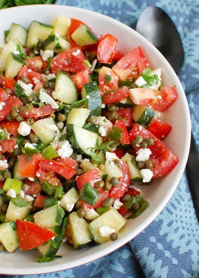 Capers Salad, Abundance Of Tomatoes, Salad With Capers, Tomato And Cucumber Salad, Tomatoes And Cucumbers, Tomato Cucumber Salad, Tomato And Cucumber, Creamy Feta, Feta Cheese Salad