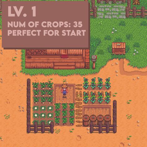 Stardew Valley Summer Crops Layout, Stardew Valley Starter Farm Layout, Stardew Valley Beginner Tips, Stardew Valley Sprinkler Layout, Stardew Valley Beach Farm Layout, Stardew Valley Farm Layout Beginner, Stardew Valley Farm Ideas, Stardew Layout, Stardew Tips