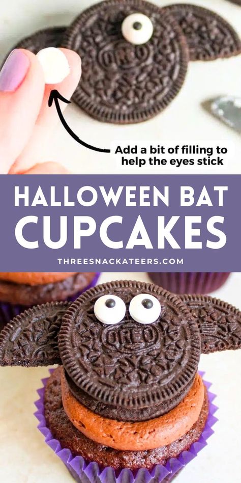 Cute Halloween Oreo Bat Cupcake. With Text Reading: Halloween Oreo Bat Cupcakes Recipe. Delicious Halloween Treats, Bat Cupcakes, Oreo Filling, Easy Halloween Food, Oreo Cupcakes, Spooky Treats, Delicious Soup Recipes, Halloween Bat, Trunk Or Treat