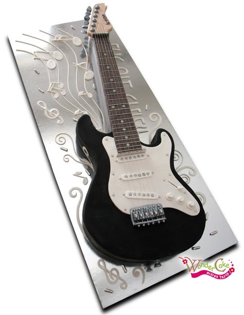 Electric black Guitar cake for rocknroll parties, band launches, music events or metal heads Keyboard Cake, 18th Birthday Cake For Guys, Electric Guitar Cake, Guitar Cards, Guitar Birthday Cakes, Guitar Party, Piano Cakes, Superman Cakes, Music Cakes