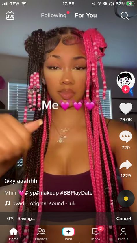 Box Braids Hairstyles Pink And Black, Braids For Black Women Pink And Black, All Pink Box Braids, Cute Box Braid Color Combinations, Pink And White Beads Braids, Colors For Box Braids, Split Dye Knotless Braids, Split Colored Box Braids, Braids Black And Pink