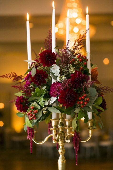 Marsala And Gold Wedding, Candelabra Wedding Centerpieces, Burgundy Wedding Centerpieces, Gothic Wedding Theme, Candelabra Wedding, Flowers And Candles, Popular Wedding Colors, Candelabra Centerpiece, Gold Wedding Colors