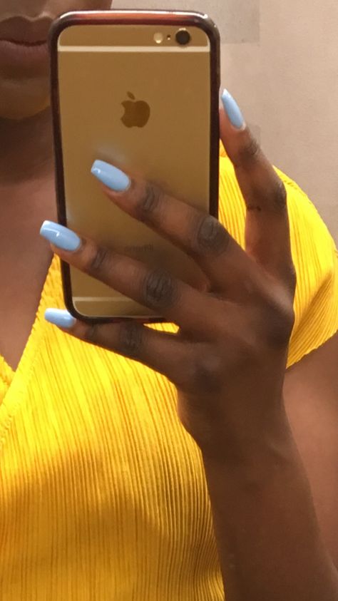 Blue nails on dark skin Acrylic nails Coffin shape Baby blue Power Blue Nails, Light Blue Nails On Dark Skin, Light Blue Nails Black Women, Blue Powder Nails, Nails Babyblue, Blue Nails Dark, Blue Nails Gel, Nails On Dark Skin, Nails Dark Skin